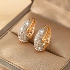 Pave Crystal Huggie Earrings Gold Tone Oval Sparkly Hoops NEW